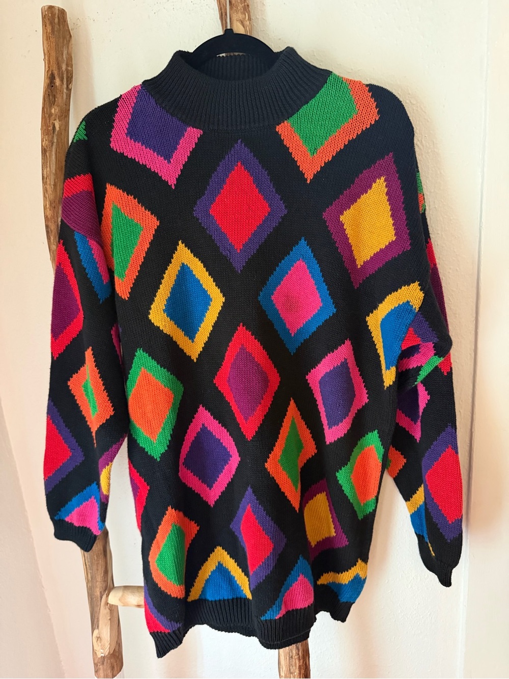 Rafaella Black Sweater with Multicolor Rainbow Diamond Pattern Maximalist 1X